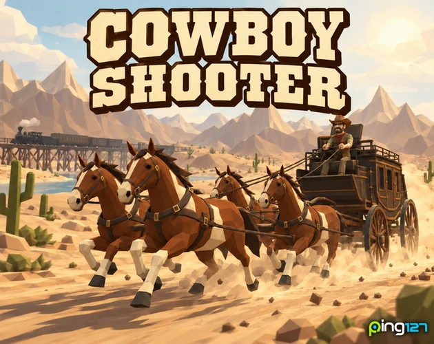 Cowboy Shooter: a stagecoach pulled by horses racing through a low-poly desert.