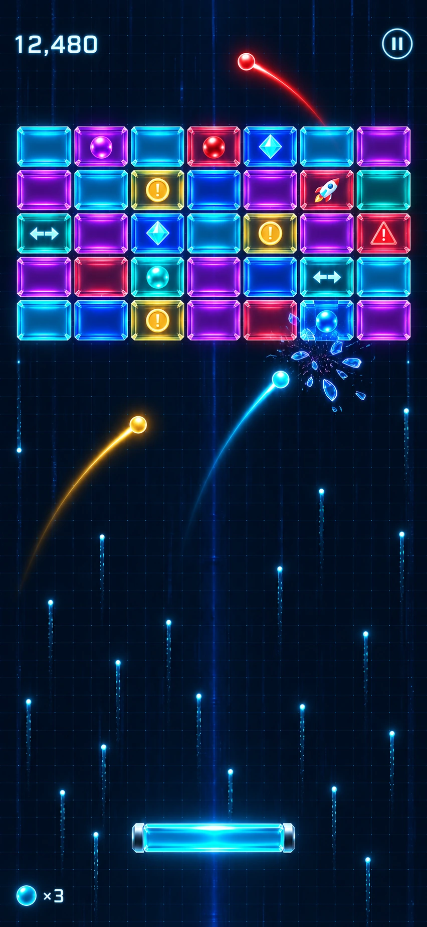 Rebound Reactor concept: glowing cyan and violet glass bricks, colored balls and a neon paddle.